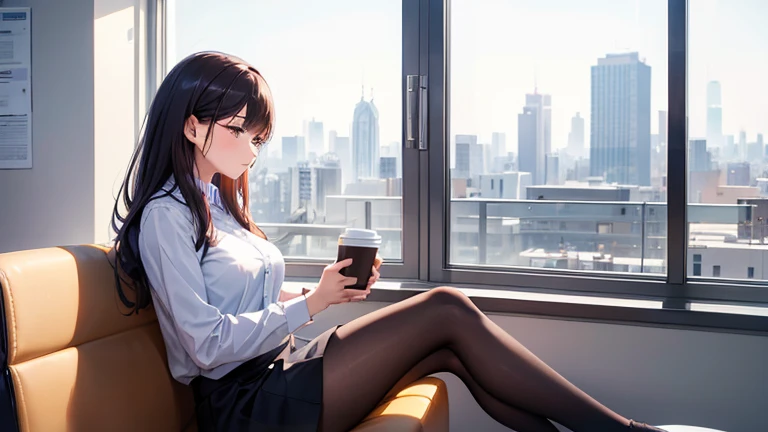 A working woman wearing a tight skirt、Please draw an illustration of someone taking a break by the window in the office.。A woman holds a coffee cup、Relaxing and looking at the view outside。The cityscape spreads in the background.。