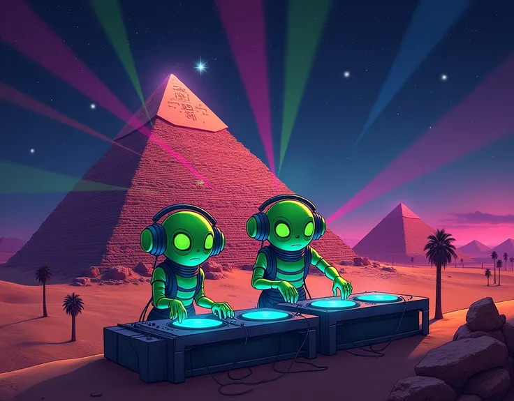 Two green ETs being DJs and playing electronic music at a party on top of an Egyptian pyramid, night atmosphere with neon lights. The ETs with dj headphones