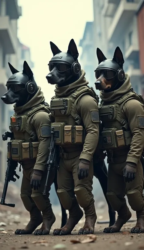 Create an image of three dogs standing together, fully dressed in anti-terrorist gear. The dogs are wearing tactical uniforms, helmets with visors, body armor, and are equipped with gear like weapons, radios, and other specialized equipment. They should lo...