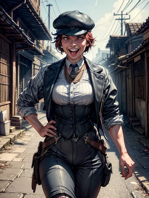 photo of (TCr3ws:1), a woman as a Peaky blinder, (laughing with bare teeth:1.3), (face focus), modelshoot style, (extremely detailed CG unity 8k wallpaper), Intricate, High Detail, Sharp focus, dramatic, photorealistic painting art by midjourney and greg r...