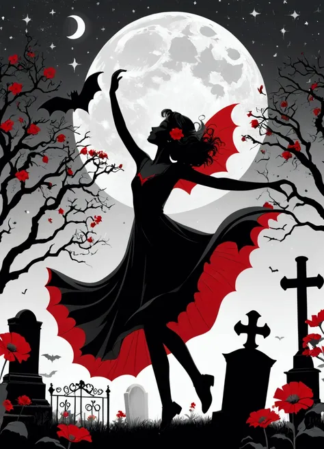 Young woman dancing in a graveyard, silhouette, vintage poster style, black, red and gray colors, bats flying, flowers, stars and moon 