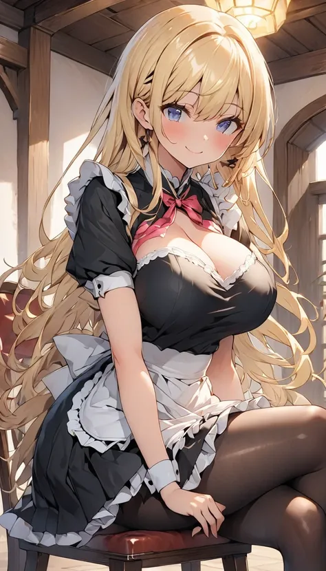 One Woman、beautiful girl、maid、20-year-old、Blonde、Very Long Hair、Western-style building、maidの、頭にmaidカチューシャ、Short skirt、Black Pantyhose、Ultra-definition image quality、Highest quality, smile,Big Breasts、Very large breasts、Sit on a chair、Crossing your legs、Cro...