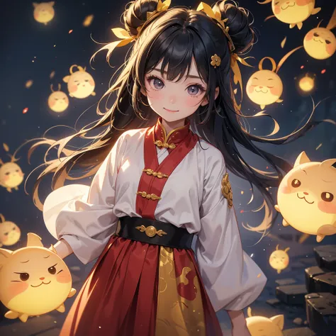 A chibi child girl had a small face and Wearing a little Taoist priests outfit. A pair of big round eyes shone with curiosity about him. This child was so cute!, Burning joss paper and gold paper for the departed spirits in front of the house, raindrops ar...