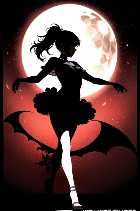 Vintage style poster,young woman dancing to music, silhouette,black red and gray colors,bats flying, flowers,stars and moon 