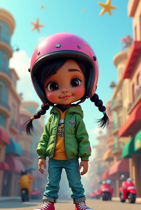 Slim baby girl test latin with motorcycle helmet pink and black braids green jacket and blue pants
Pixar