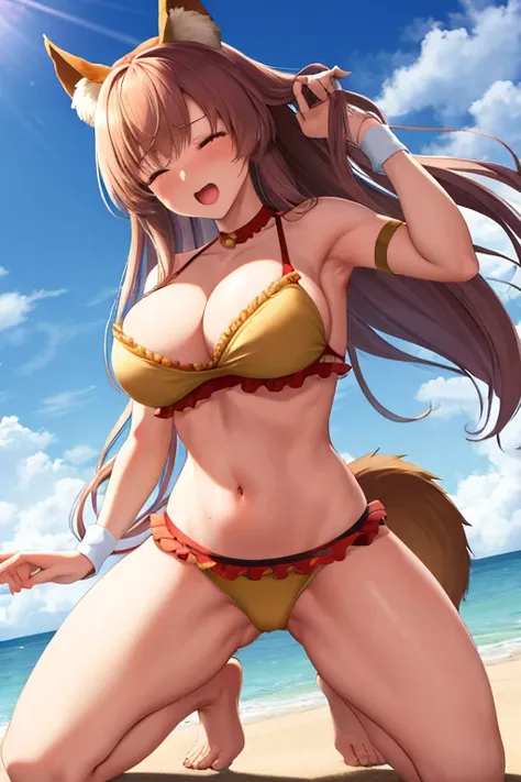 masterpiece, best quality, beautiful art, high resolution, well formed hands, body and fingers, 1 woman, solo, Tamamo No Mae, fox ears and fox tail, 31 years old, grown up, arabian belly dancer, adult, large and round breasted, cleavage, hair ribbon, full ...