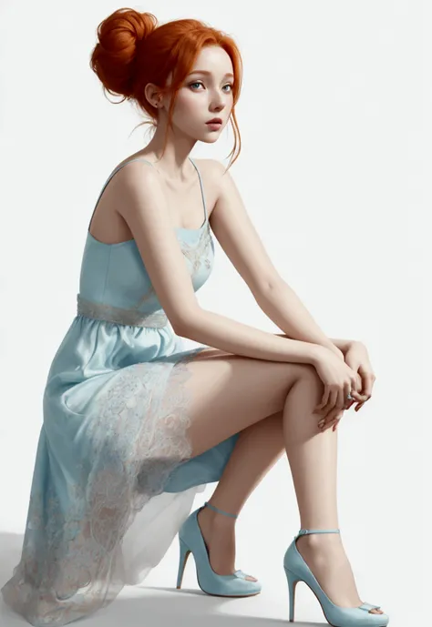 Radiant woman, with captivating ginger hair, bun, messy, adorned in a pastel blue short dress and high heel shoes, on a completely white background, full-length portrait, digital painting, simple but elegant, high-intensity lighting, rich texture, detailed...