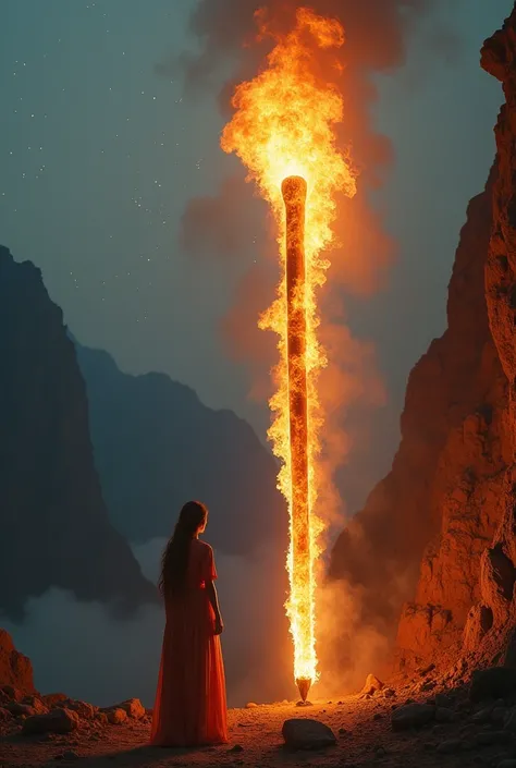 Very Huge larger then mountains matchstick burning and a thin and very tall girl as much as matchstick  and wearing Shalwar kamez 