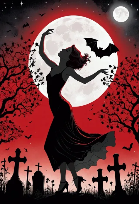 Young woman dancing in a graveyard, silhouette, vintage poster style, black, red and gray colors, bats flying, flowers, stars and moon 