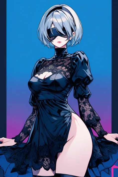 Illustrator, anime , Realistic ,sketch , 1 person, model, (((Portraiture))), lip, Gothic black mini dress with lots of lace and a sheer look.., Lace blindfold, Lace eye cover, Lace Black Blindfold, order, Blue gradient background, Short hair in neon colors...