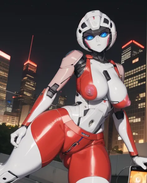 arcee, blue nipples, large breasts,(((usb port) on the crotch)), city background, no_humans, night time, ((blue breasts)), spread legs