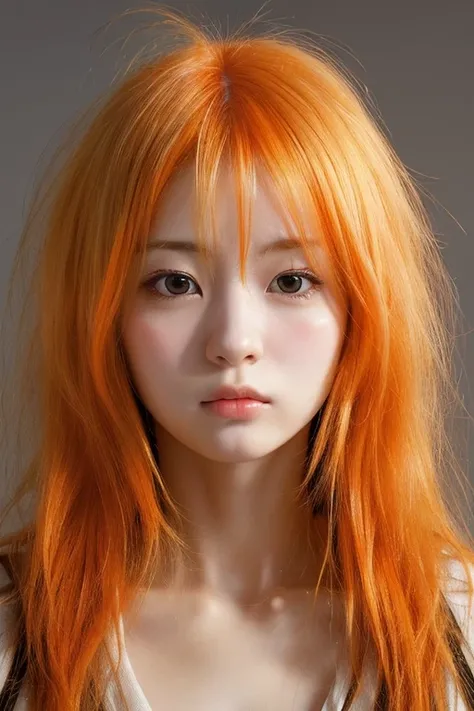 (((masterpeace))), ((photo realistic:1.55)),Japanese girl,((young girl)),no makeup, ((broad jawline)),realistic skin,puffy face, fused with a skeleton, Very pale orange hair, (messy hair:1.5)