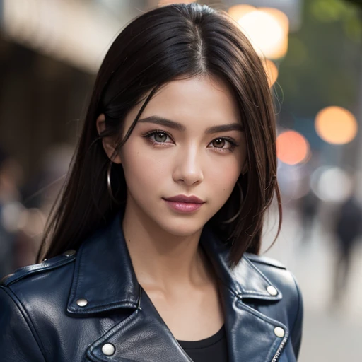 Best quality, realistic, from the front in first person,  on the streets of Los Angeles, (a female mexican Supermodel), (sexy blue leather jacket:1.1), split, seductive smile, (dark hair), (hairstyle:1.0), Perfect eyes, sharp parts, detailed face, face-mak...