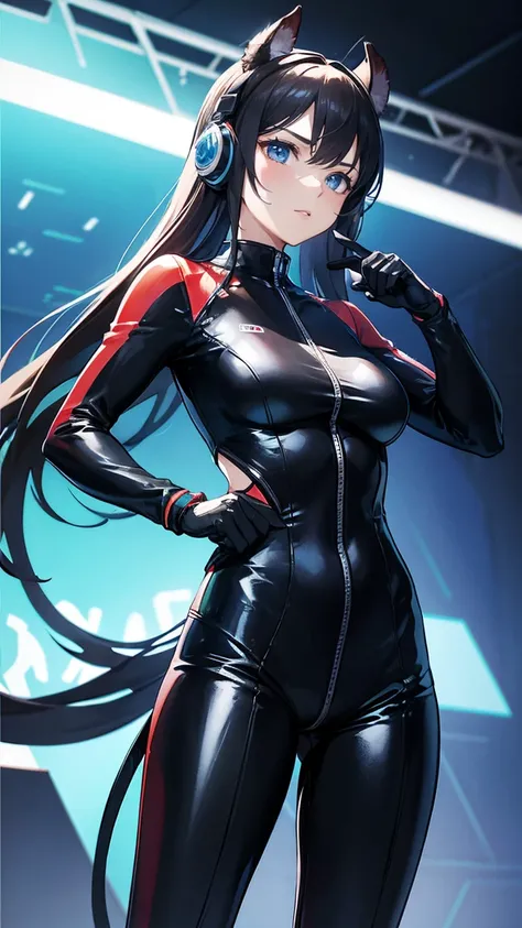 Solid color background，Double tail，Tight leather racing suit，Hip skirt，Stand upright，2.5D style，Half Body，Stand upright，The picture should be monotonous，Only characters，For the audience，Look at the audience，Wearing a futuristic headset