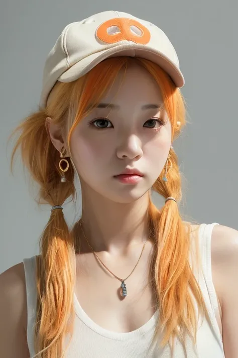 (((masterpeace))), ((photo realistic:1.55)),Japanese girl,((young girl)),no makeup, ((broad jawline)),realistic skin,puffy face, fused with a skeleton, Very pale, light orange hair, (messy hair:1.5),pig tails hair with cap, earrings, necklace, wide view