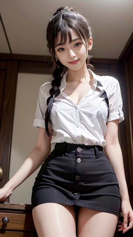 ((highest quality、Masterpiece、High resolution))、(((Zoom photo from below)))、(A shy smile:1.2)、One woman、button shirt, mini skirt、very slender, (very slim thighs:1.5), long legs, small butt,  slim waist, clavicle, Trimmed bangs、ponytail、room, squat:1.3