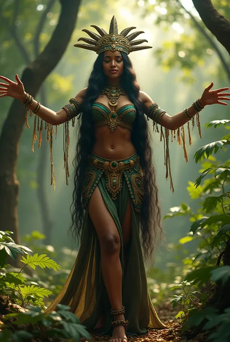 Goddess Coatlicue (Aztec goddess of fertility), with her exuberant body, dressed in her gala outfit that reveals her large breasts and curvy hips; she standing in the forest with outstretched arms invoking her powers for the fertilization and production of...