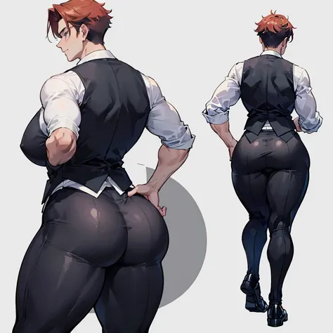 One Man, muscular, jocks, athletic, ginger, wearing suit vest clothes, big butt, huge ass, comically massive ass, bubblebutt, thick, thicc, thick ass, thick legs, thick thighs, huge butt cheeks, ass huge, showing butt to camera, smiling, looking back at ca...