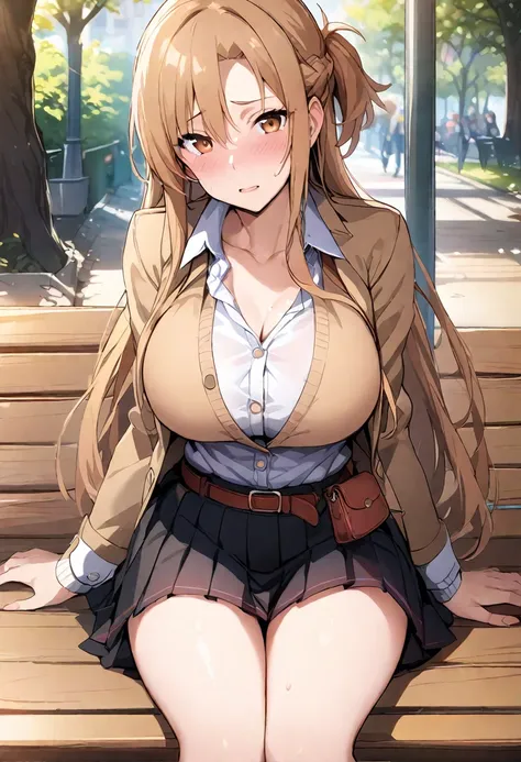 masterpiece, Highest quality, Simple Positive XLv2, Yuuki Asuna, One person,alone,Long Hair,View your viewers,Embarrassing,bangs,skirt,Brown Hair,shirt,Long sleeve,Brown eyes,Sitting,clavicle,Big Breasts,white shirt,Braiding,pleated skirt,Outdoor,Open clot...