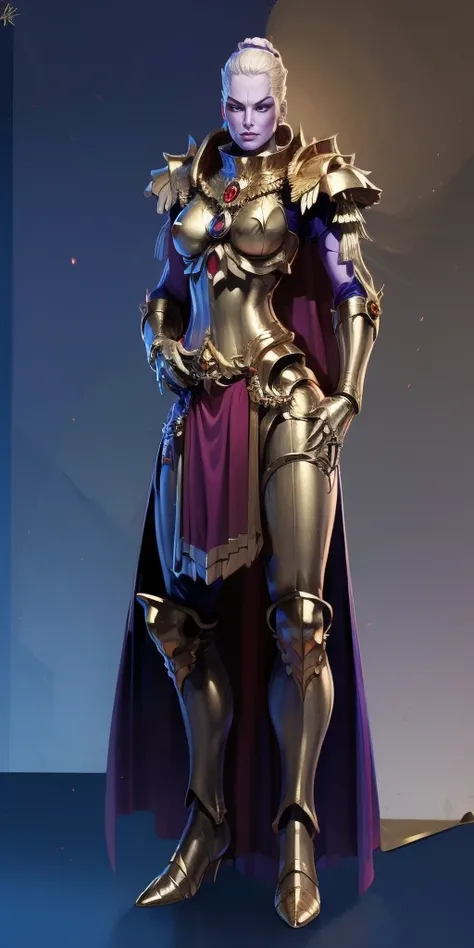 masterpiece, best quality, high quality, pale hair, red eyes, purple skin, deep blue cape with golden ornaments (1solofemale full body standing straight symmetrical, hands on hips)