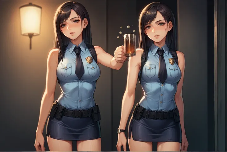  Highest quality, Very detailed,((1 person)), police, Adult, resident evil style, sexy police officer in uniform, Sleeveless shirt,Ultra mini skirt,belt,watch,slim, evening, Soft Light, Facial details, Drunk, Long black hair, Beautiful Skin, fringe, Pale p...