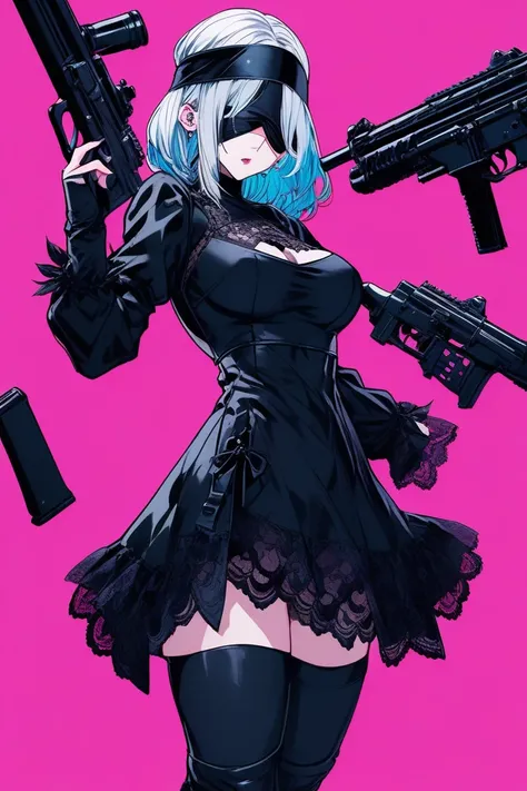 Illustrator, アニメ , Realistic ,sketch , 1 person, model, lip, A translucent gothic black mini dress with lots of lace, blindfold, eye covered, black blindfold, Order, Blue and pink gradient background, Neon colored long hair, Big Breasts, Has a machine gun,...