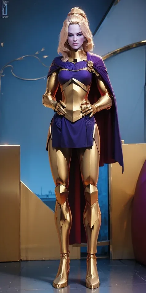 masterpiece, best quality, high quality, pale hair, red eyes, purple skin, deep blue cape with golden ornaments (1solofemale full body standing straight symmetrical, hands on hips)