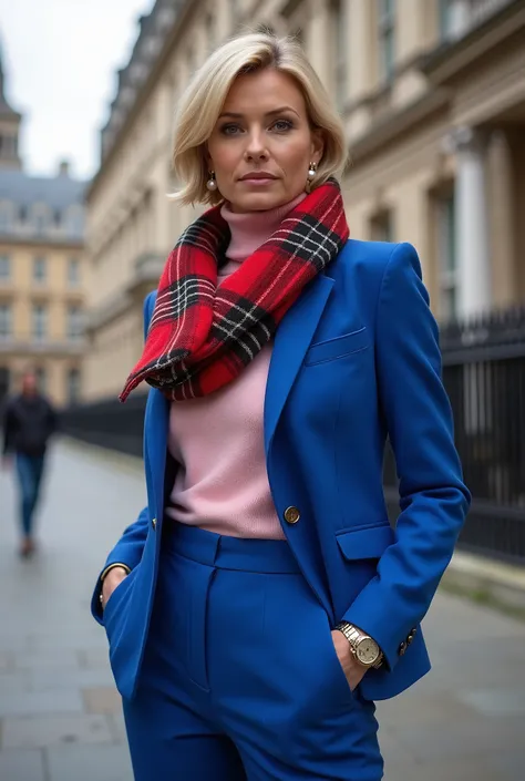 Side view, standing pose, Her name Catherine Bond, Code Name 007 ,Scott-land-yard, MI-6 member,  (looking at viewer:1.3), Scottish woman, 30 years-old, (blond hair , blue eye, short cut, serious), white pearl earring, Rolex ready watch,  A beautiful Scotti...