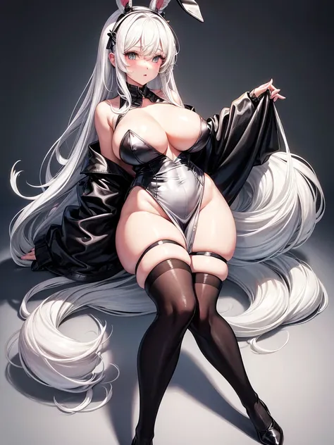 thick thighs, black thigh high stockings, black heels, marked nipples, Mini dress, white hair, bunny ear headband