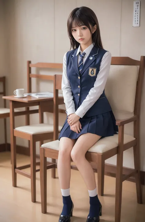 A woman wearing a jacket is sitting on a chair, mayuri shiina, sakimichan, Japanese School Uniform, Wearing the principals uniform, Japanese Model, Wearing a strict business suit, Japanese Uniform, Surreal school girl, Aoi Ogata, seifuku, Kotegawa Yui, wea...