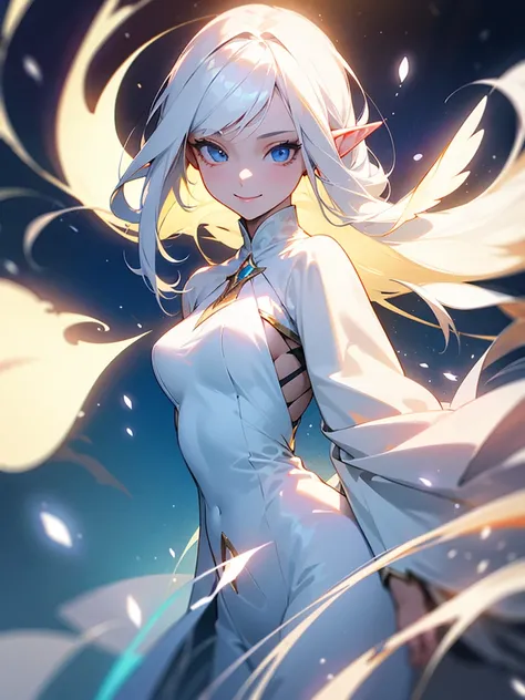 a girl，Magician，20 years old，Long white hair in multiple shades，Slim figure，Bright smile，A gorgeous white gown，Elven-like presence，Magic Wand，Elemental magic rendering，Super details，Upper Body，movie lighting effects，best picture