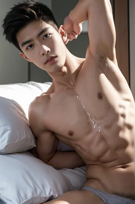 Ultra photorealistic, 20 year old, handsome male model, handsome man, asian man, shirtless, on top of the bed, white briefs, full body, expression of orgasmic, cry, cumshot, cum on chest, lifted arms, shaved armpits