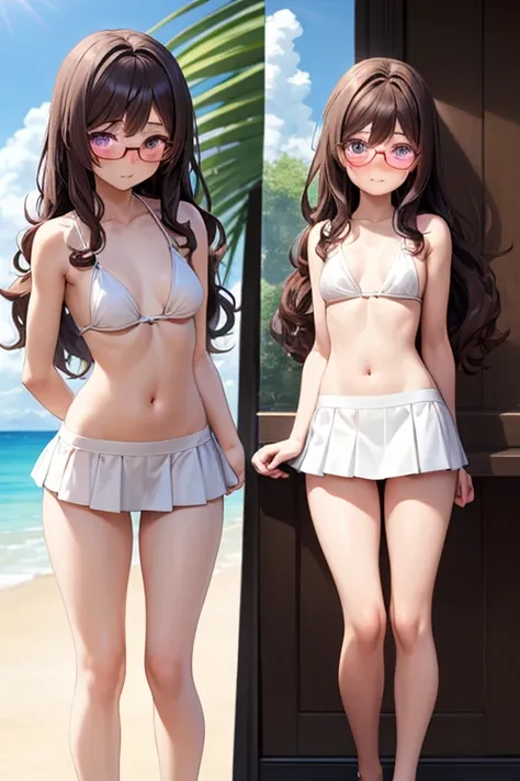 ((best quality)), ((masterpiece)), (detailed), 1 girl, full body, 19 years old, embarrassed face, young adult, glasses, somewhat short stature, purple eyes, brown hair, somewhat wavy hair, long hair, bang, blushing, very small breasts, sexy white bikini wi...