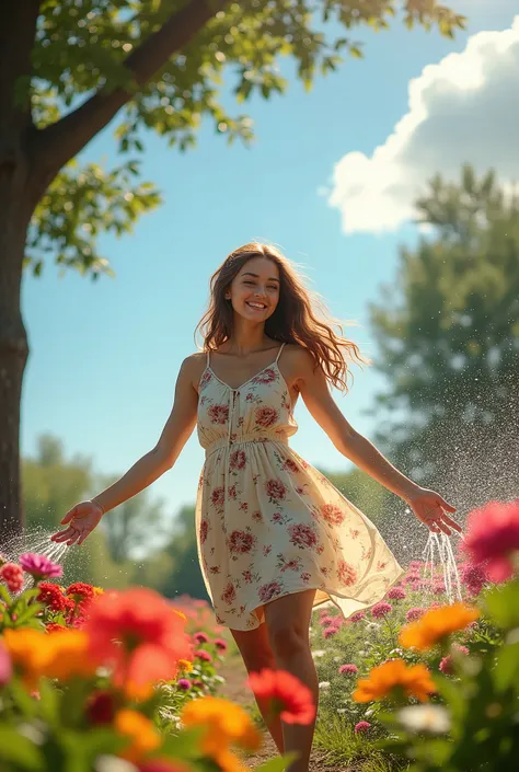 young woman throwing water on the flowers