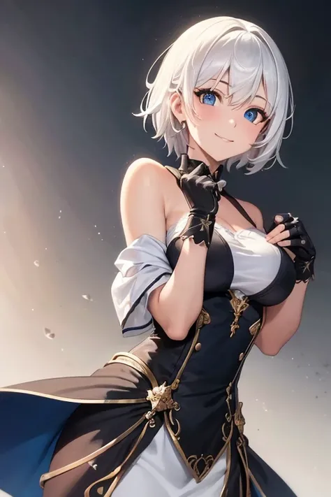 1 Girl, Bethel, blue eyes, 裸Off-shoulder膀, breast, medium breast, short hair, White hair, Bangs, Gloves, fingerless Gloves, white , Put your hands behind your back, Off-shoulder, trumpet, Smile, (masterpiece), (best quality), (Extremely detailed), Simple b...