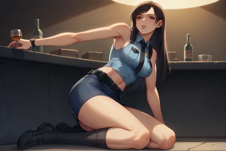  Highest quality, Very detailed,((1 person)), police, Adult, resident evil style, sexy police officer in uniform, Sleeveless shirt,Ultra mini skirt,belt,watch,slim, evening, Soft Light, Facial details, Drunk, Long black hair, Beautiful Skin, fringe, Pale p...