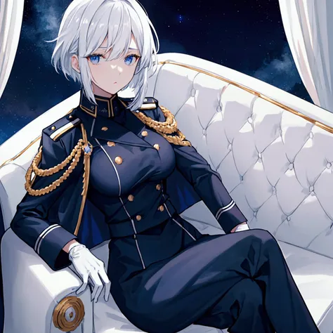 Night sky background, night time, Military uniform, dark blue uniform, white cape, white glove, 1woman, solo, white hair, high collar, shining hair, medium-large breast, sitting on couch, facing viewer, arrogant,