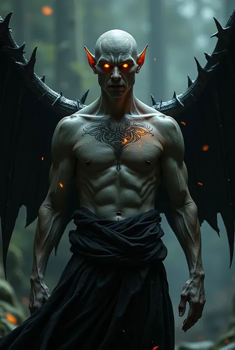 Skinned: darkly com tons acinzentados , as if it were on fire.
eyeballs: Shining in intense amber.
wings: black, with thin and resistant membranes.
armour: darkly, adorned with ancient runes and thorns.
Half-elf human body