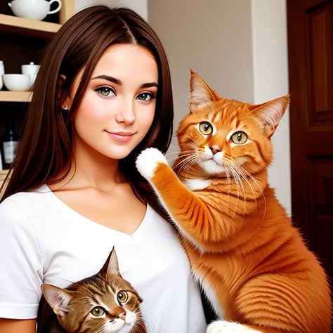 Fille brune avec son chat roux