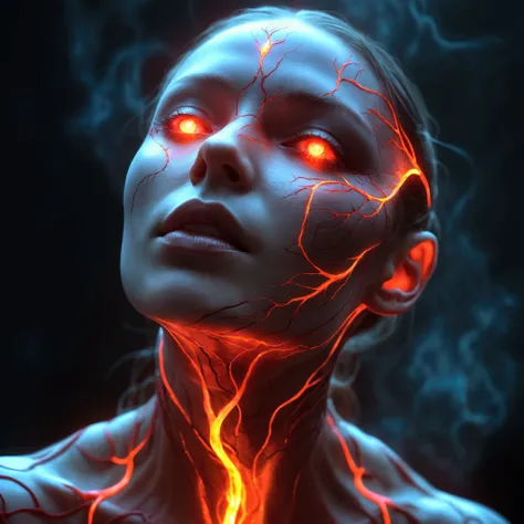 a close up of a person with a glowing face and body, glowing red veins, fractal veins. cyborg, red glowing veins, glowing veins, bright glowing veins, human glowing, tomasz alen kopera and cgsociety, melted cyborg, inspired by Mike Winkelmann, woman made o...