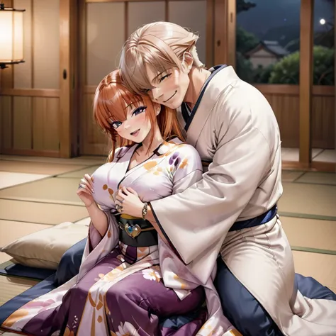 ((Highest quality)), ((masterpiece)), (detailed), （Perfect Face）、The woman is Maya Cordelia, with medium-long orange hair, a gorgeous and glittering kimono, her hair tied in a Japanese style, and an engagement ring.、The woman is lying next to an elderly ma...