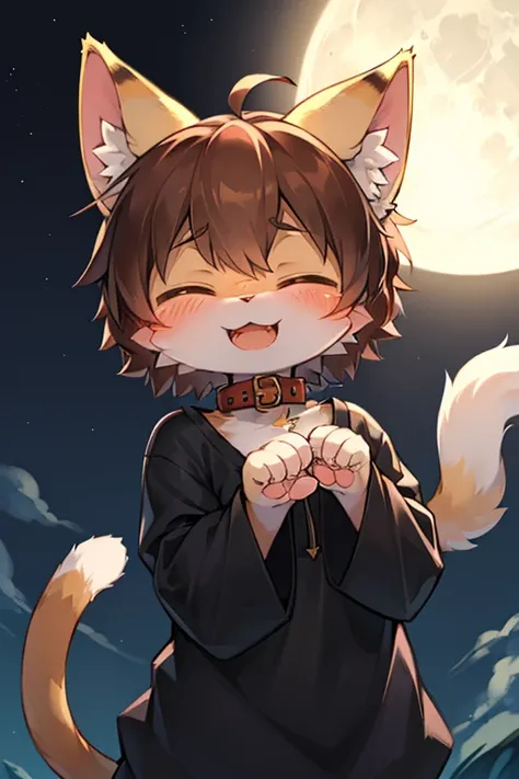 Kemoshota, close-up, paw pose, short height, short statue, cat whiskers, cat tail, smiling, closed eyes, open mouth, blush, tusk, looking up, happy, meoooooooooowwwwww, sacred glowing cat, baggy collar, full moon