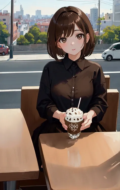 pretty girl, short brown hair, black jersey, light brown skirt, tomando Milk Shake, sitting at a table, Behind it there is a cityscape with cars, motorcycles, people and trees, looking at the camera, cute face, ((8k)) ((ultra quality)) ((ultra HD)) ((best ...