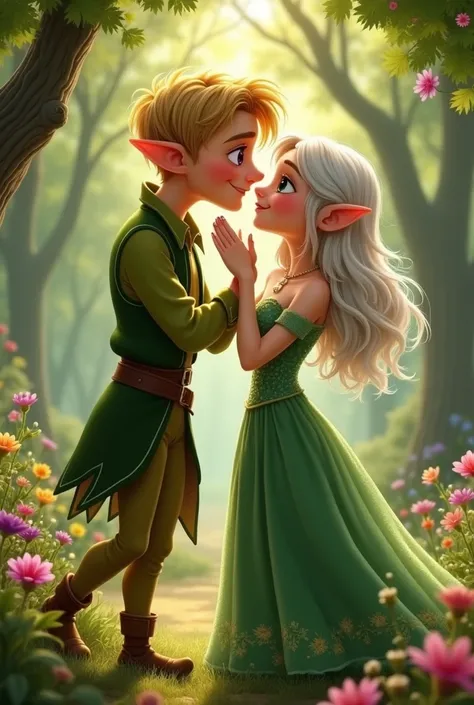 elf man, short blonde hair, purple eyes and stylish purple clothes kissing the hand of a blonde, almost white-haired elf woman, with freckles and green eyes, green dress,both 18 years old. disney style 