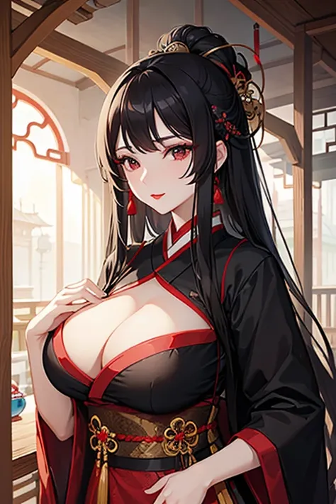 perfect face, beautiful girl, oriental beauty, long black hair, commonor, wearing hanfu, huge breast, wife, mature woman, red eyeshade, red lips, black eyes