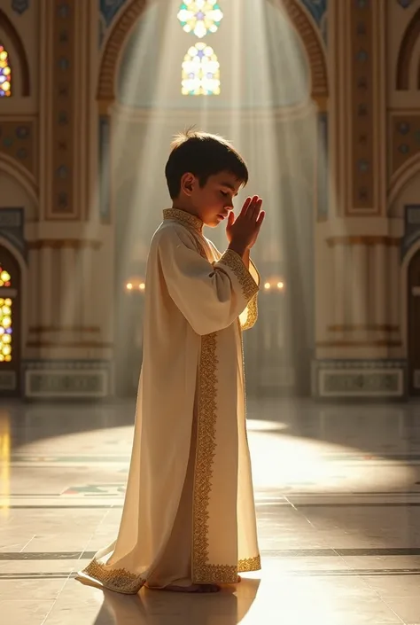 A Arabian sad boy prayer to God in arabian mosque. His hand raise up for prayer 🤲 . 