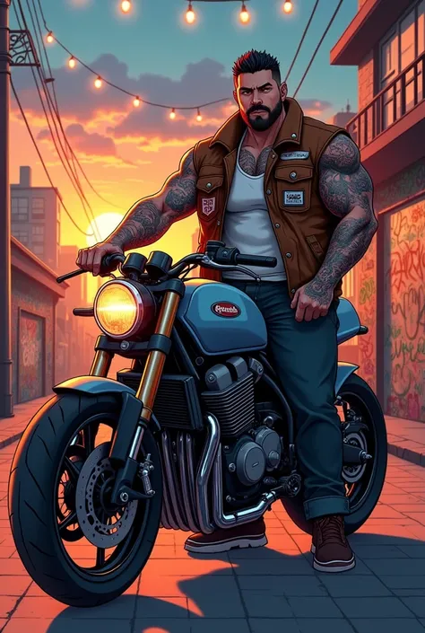 The anime uncle, 30 years old, big and tattooed, standing next to a big R1 motorcycle.
