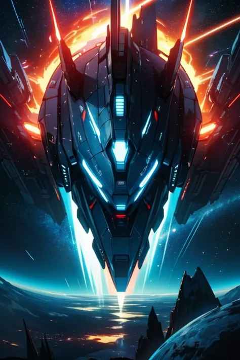 {Comic Book Cover, A dynamic scene of a futuristic spaceship in anime style, speeding through space with starry skies and distant nebulae in the background. The ship’s design echoes the classic aesthetic of Star Wars, with sleek lines, glowing engines, and...