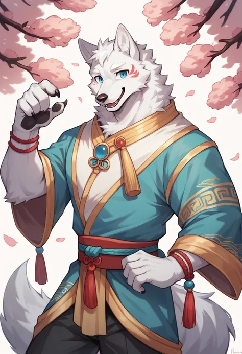 Furry，white fur，male people，teenage，canid，white wolf，solo person，sharp talons，stand，white-skinned， blue eyes，Fluffy tail，Chinese ，naive，happy，blue， Peach blossom tree，son of a rich family，ancient costume，pants，Less shadows，elegant，ultra - detailed：1.0