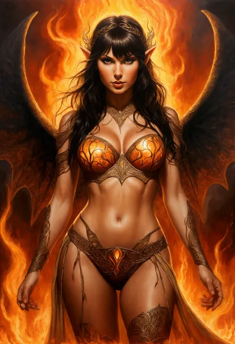 An illustrated movie poster, hand-drawn, full color, an elven maiden, wearing a lacey bra and a lacey thong, sun-tanned complexion, tall, toned, amazonian stature, voluptuous hourglass figure, full wide hips, massive round butt, long shapely legs, ridiculo...